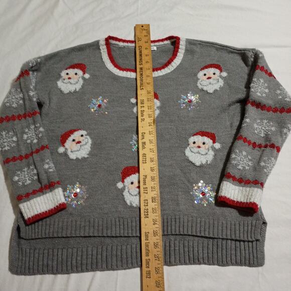 Christmas Sweater Women's L 3D Santas Sequins Faux Fur High-Low Oversized Tunic - Picture 7 of 12